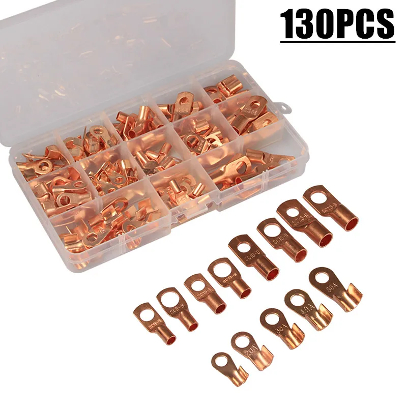 

130PCS SC6-25 Copper Ring Lug Welding Terminals & OT 10A-50A Wire Terminals Battery Crimped/Soldered Connectors Assortment Kit