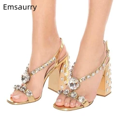 2024 Chic strass sandali tacco alto donna gioiello tacco grosso diamante Strappy estate Sandalias Mujer oro scarpe da festa donna