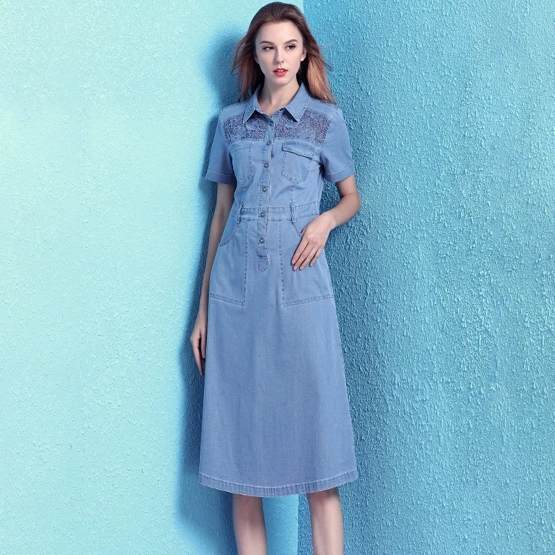 Denim Elegant Midi Dress Summer Hollow Lace Short Sleeve Dress Pocket Blue Office Lady Slim A-Line Dress Plus Size 4XL