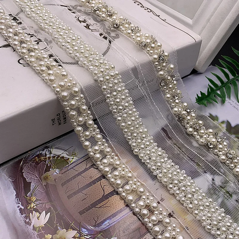 5.8Yards/Piece White Pearl Beads Trim Rhinestone Tape Decoration Lace Ribbon Crystal Appliques for Clothes Shoes Making