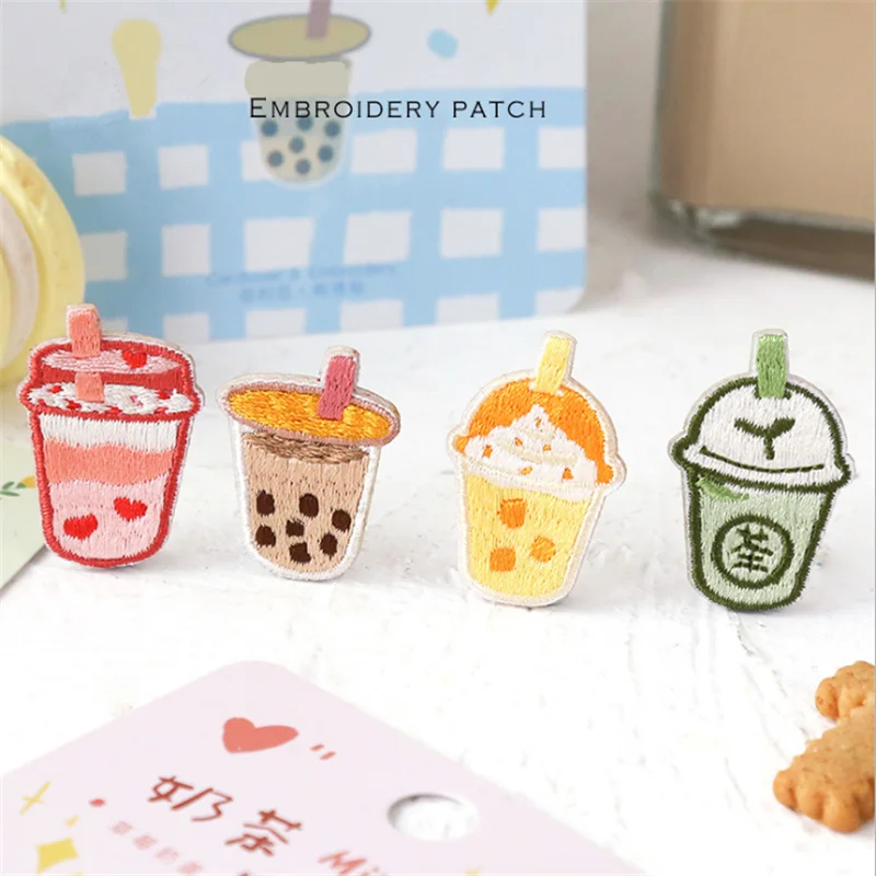 AHYONNIEX 1 Piece Embroidered Cute Milk Tea Drink Patches Clothes Bags DIY Applique Embroidery Parches Iron On Patch for Clothes