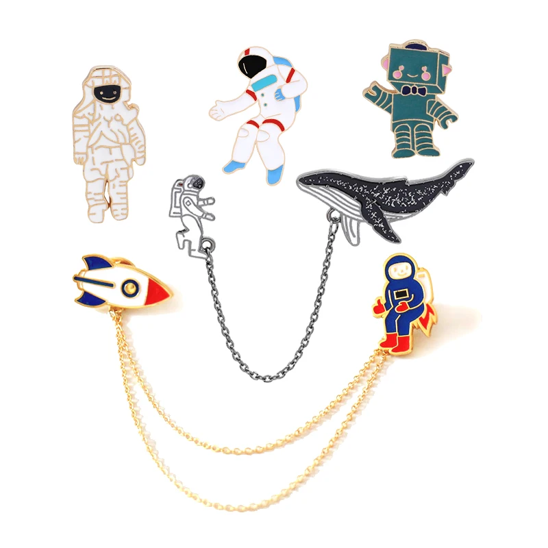 Robot Rocket Astronaut Whales Cartoon Brooches Tassel Pins Clothes Collar Lapel Pin Badges Women fashion Jewelry wholesale Gifts