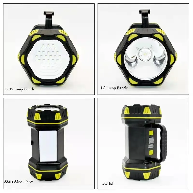 Holofote portátil 3 fonte de luz poderoso holofote recarga 8 modos acampamento ao ar livre pesca lanterna com cob luz lateral
