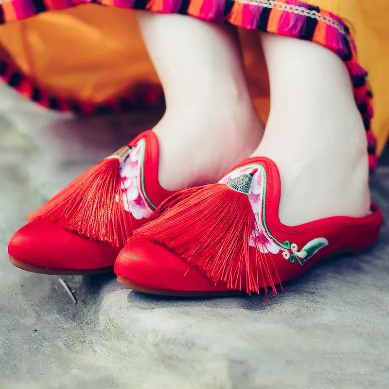 Tassel Ladies Slippers Chinese Tradition Style Slides Summer Flower Beijing Opera Cotton Ethnic Rubber Outside Lady Embroider