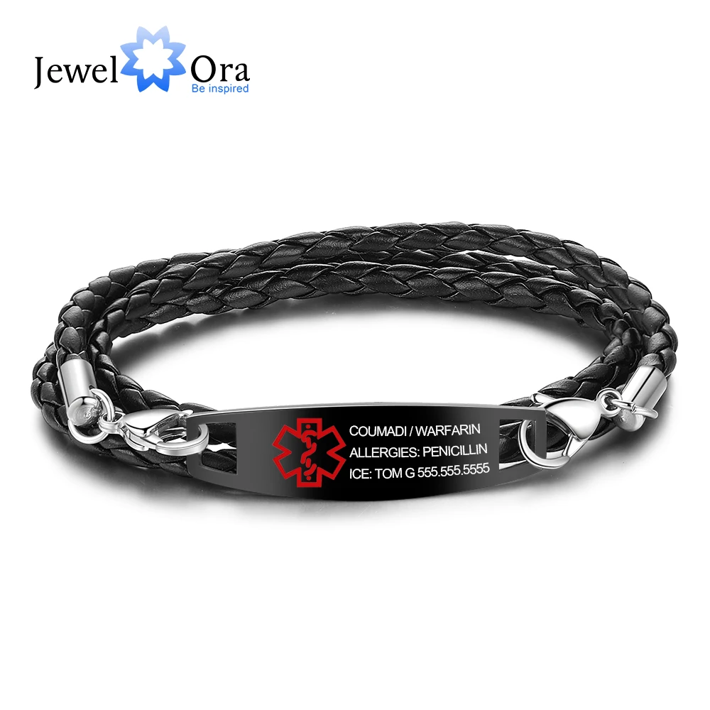 

Personalized Stainless Steel Medical Alert ID Bracelets for Men Black Rope Custom Engraved Bracelet Gift for Grandfather