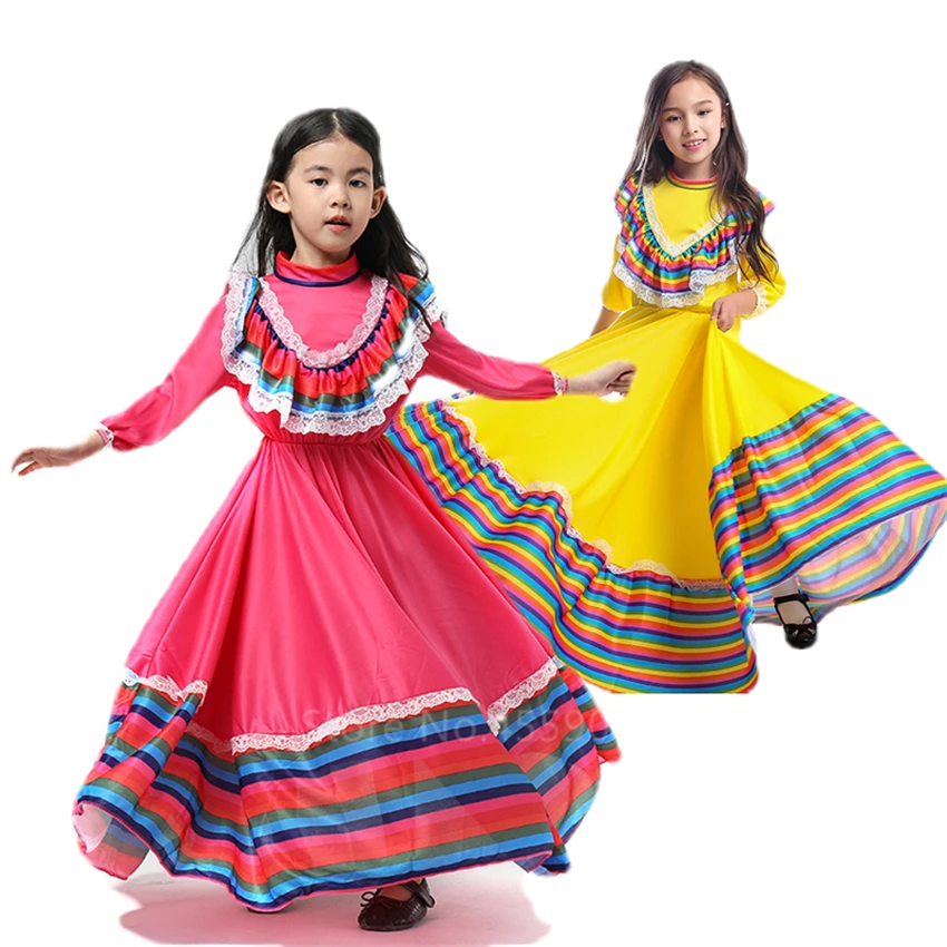 Dei Bambini del Vestito di Flamenco spagnolo Gypsy Costume di Ballo Per Bambini Sala Da Ballo di Danza Del Ventre 100-150CM Ragazza Eleganti scarpe Da Ballo Abiti Cosplay