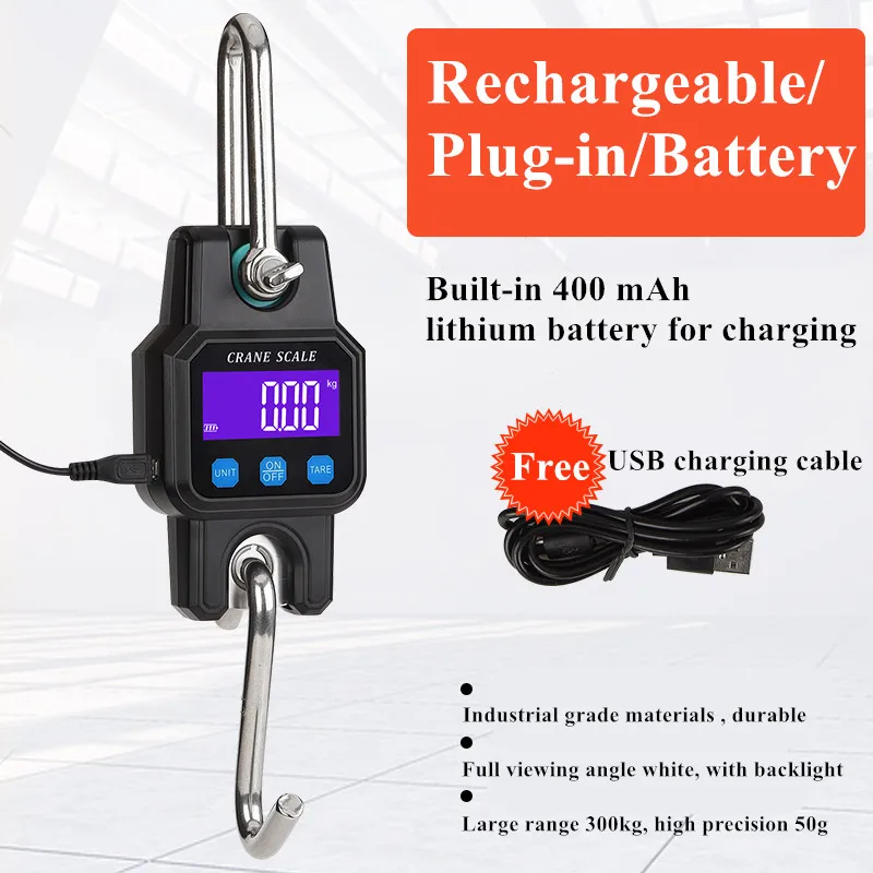 300kg/50g Bluetooth-Compatible Crane Scale Rechargeable Portable Hanging Industrial Hook Scales Stainless Steel With 4.0 BT USB