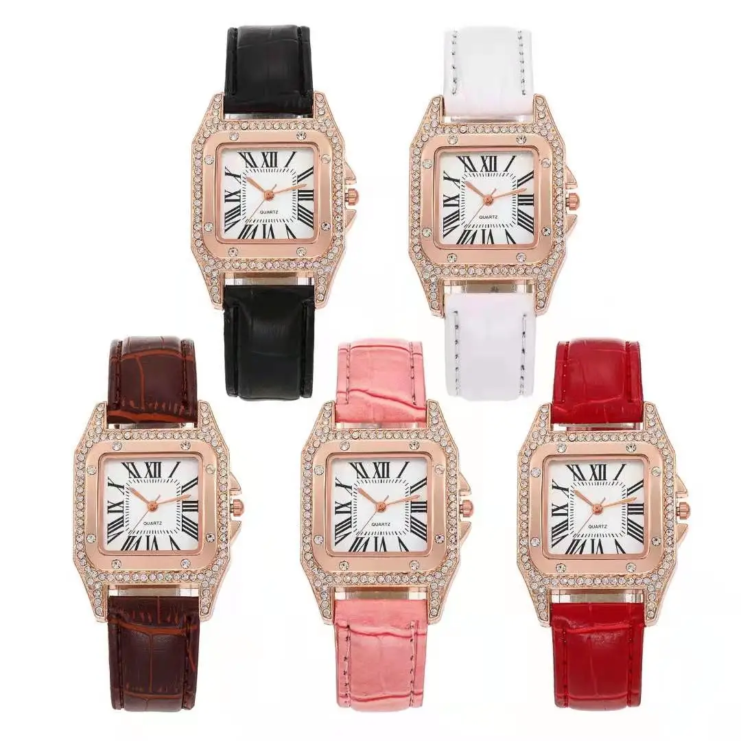 Fashionable casual ladies watch spot set auger ms Roman square watch women watch female skin with table trill