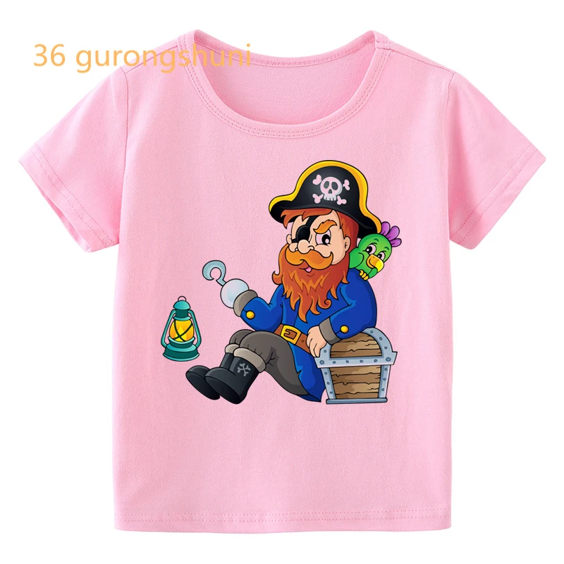 cartoon kawaii skull Pirate kids t shirt for boys t shirts Treasure chest girl pink t-shirts children tops for girls clothes