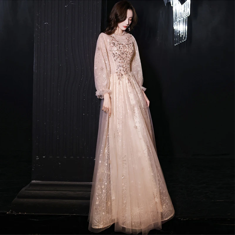 Pailletten Abendkleider Neue Illusion Champagne Langarm Tüll Ballkleid Bankett Crytal Formalen Prom Kleid robes de soirée