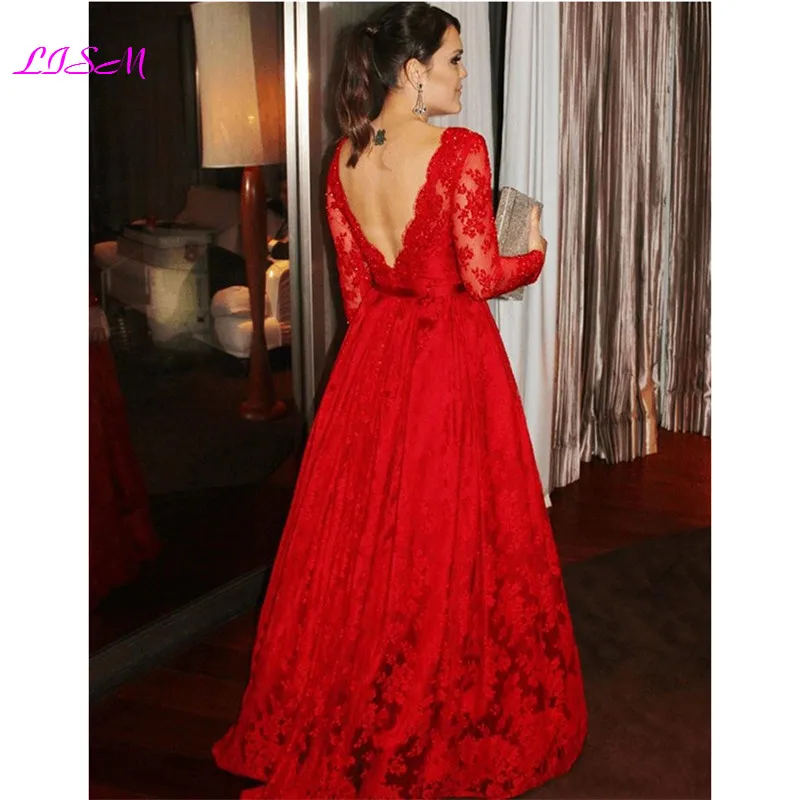 Elegant Red Long Sleeves Mother of the Bride Dresses V-Neck Lace Appliques Wedding Party Dress with Bow Belt