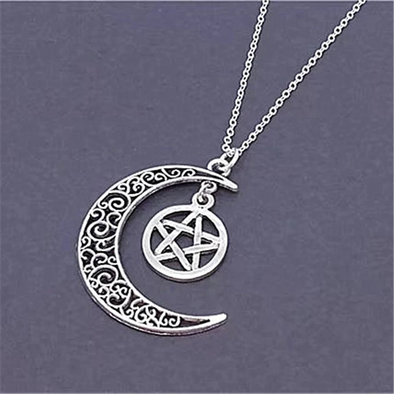 Silver Color Plated Gothic Crescent Moon Charm Pendant, Pentagram Necklace, Supernatural Jewelry, Star Pentacle Charm