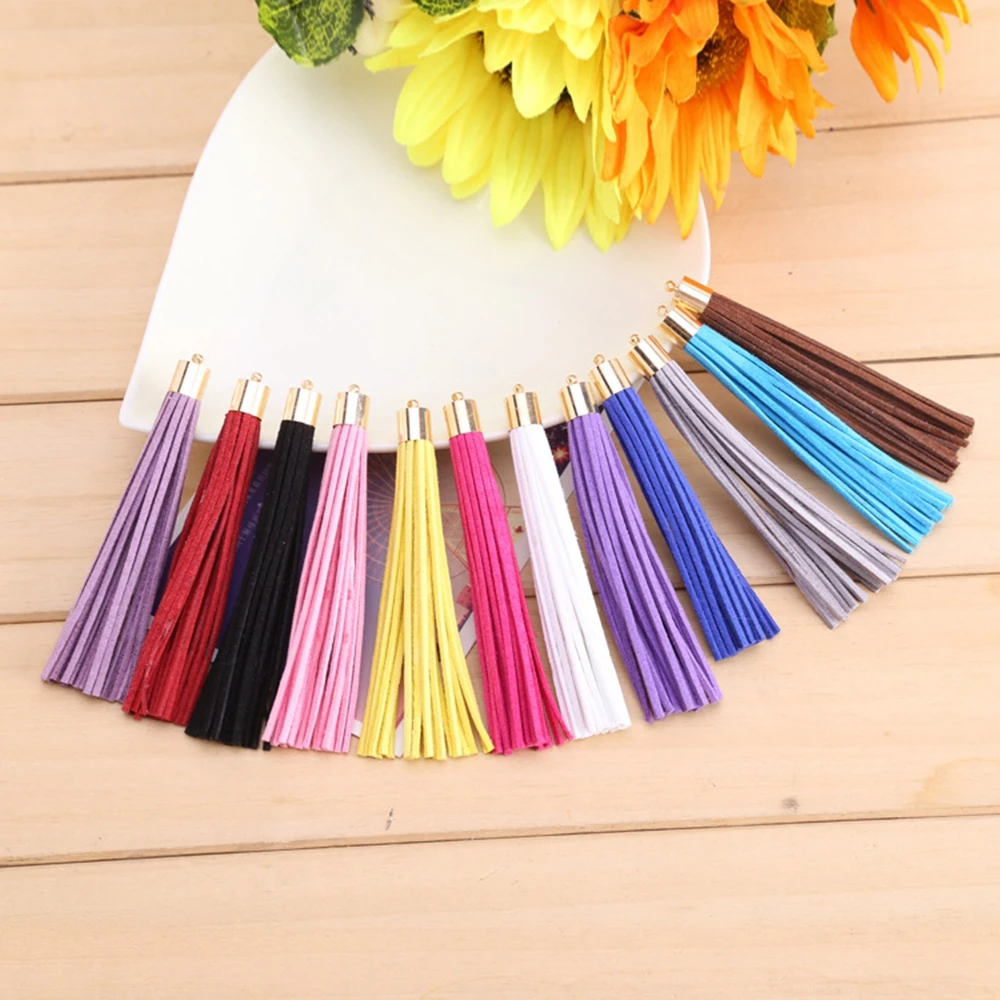 Suede Leather Tassel for Keychain, Cellphone Straps, Gold Color Cap, DIY Pendant, Summer Jewelry Findings, 8cm, 10 Pcs Lot