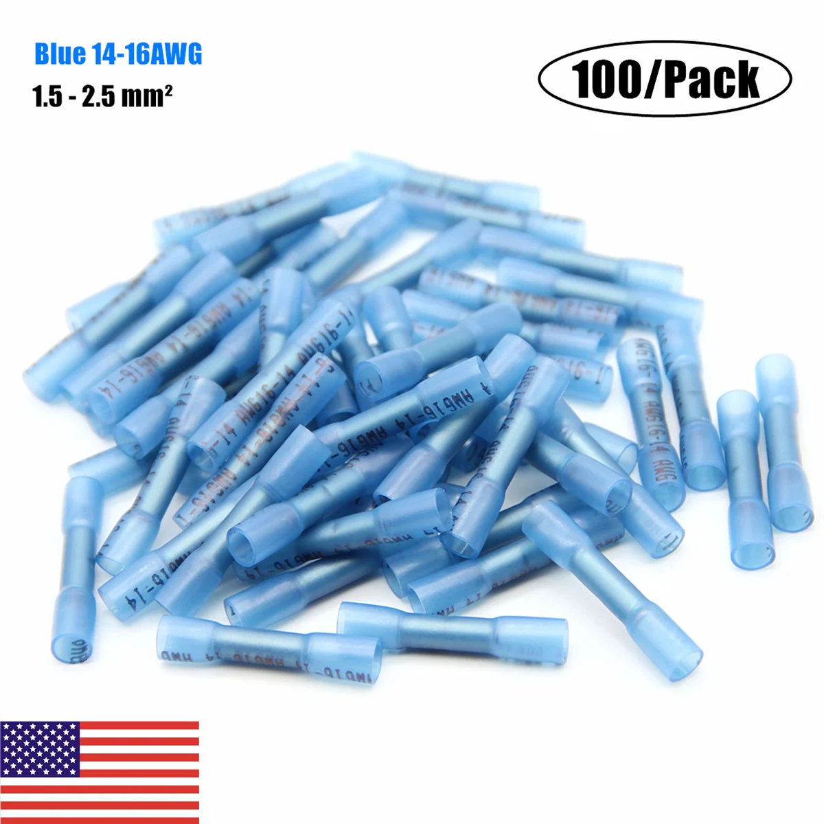 100PCS Heat Shrink Butt Wire Connectors Waterproof Seal Heat Shrinking Terminals Electrical Cable Crimp Terminal Blue 16-14AWG