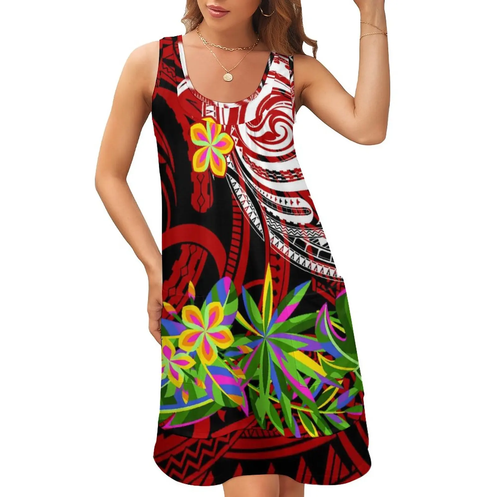 

Island Wear Trendy Brand Design Refined Polyester Minimalist U-neck Loose Pockets Midi Dress Dress