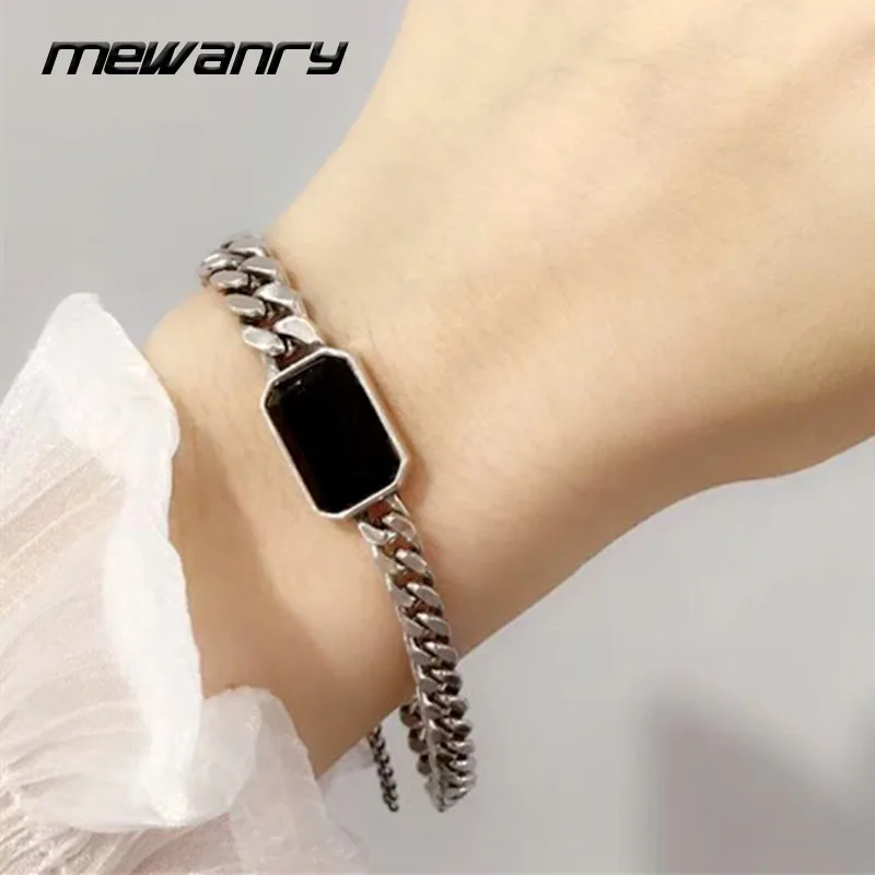 Mewanry Silver Color Bracelet for Women Fashion Vintage Punk Hiphop Party Simple Black Zircon Chain Jewelry Birthday Gift