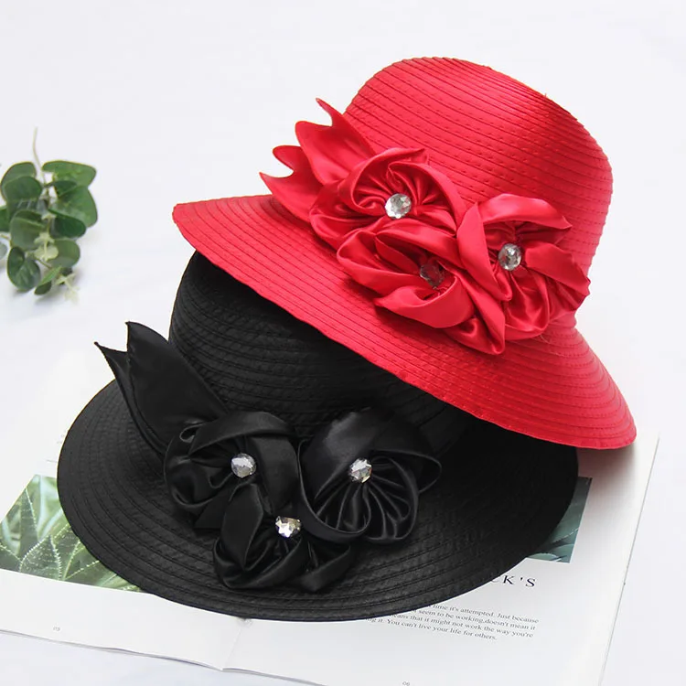 Mingli Tengda White Big Edge Hat Fashion Hand Flower Mesh Hat Wedding Accessories Hat Red /Black Mesh Cap Khaki Foldable Bride