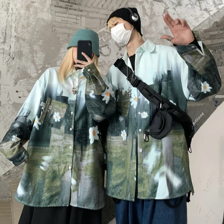 

Lovers Hip Hop Tie Dyed Print Shirts Oversized Button Outfit Long Sleeve Blouse Woman Man Streetwear Harajuku Shirt Punk Korean