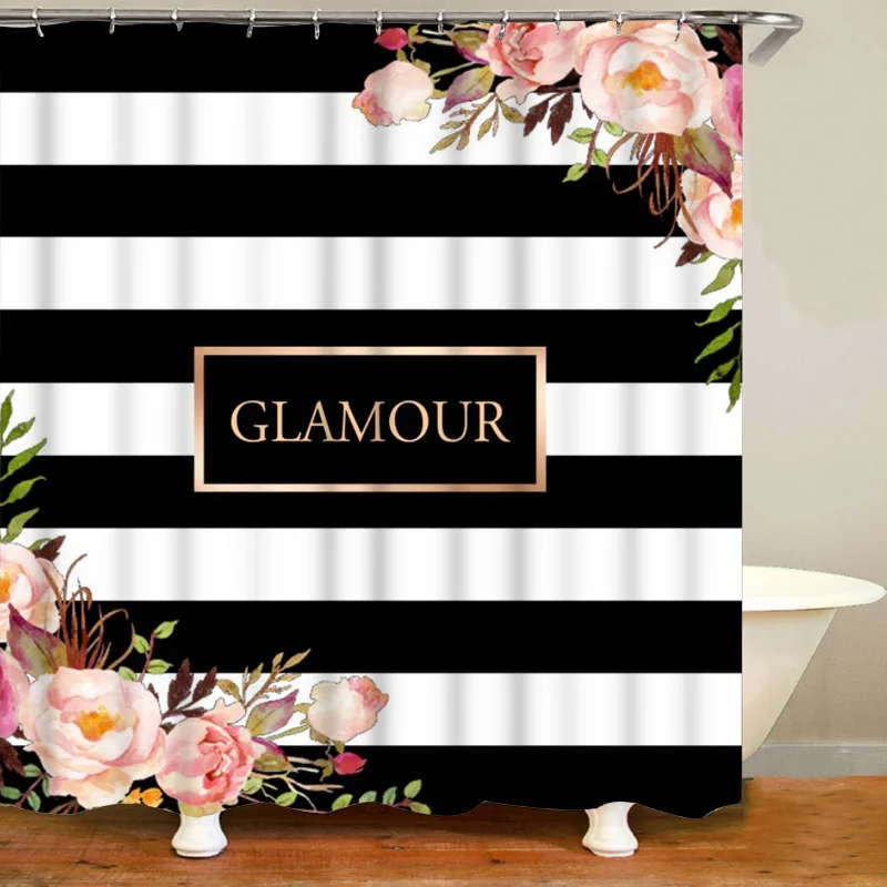 Classy Black White Stripes Floral Shower Curtain Set Elegant Personalised Bath Curtain for Bathroom Mats Rugs Bathtub Home Decor