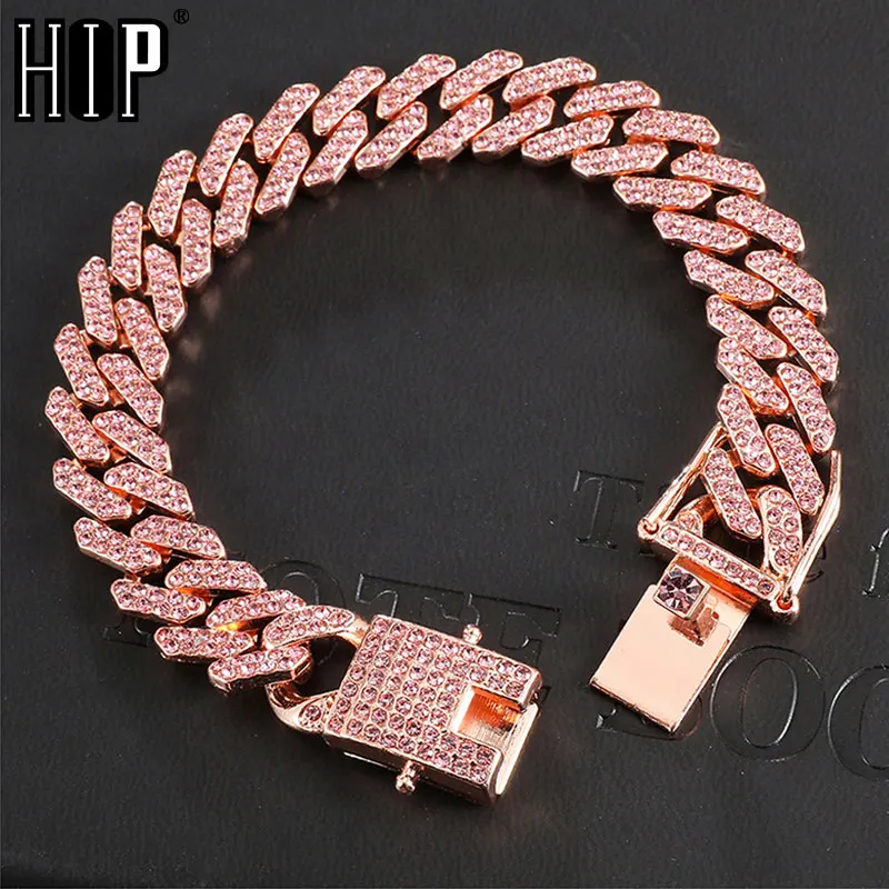 Hip Hop 12MM 4 Colors Full Iced Out Paved Pink Rose Rhinestones Miami Prong Cuban Chain CZ Bling Rapper Bracelet For Men Jewelry