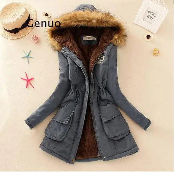 

Thick Parkas Faux Fur Coats Women Long Sleeve Hooded Neck Zipper Button Casual Female Outwear Warm Down Jacket