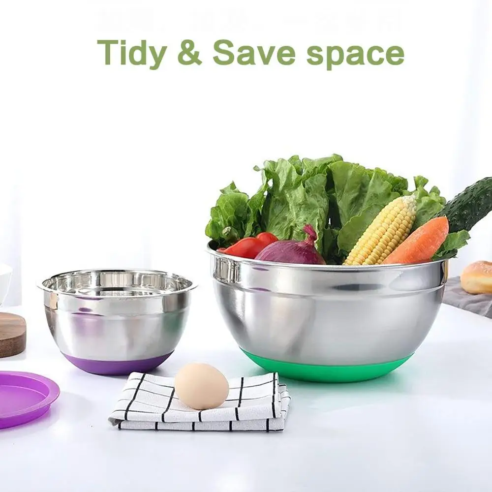 Stainless Steel Nesting Mixing Bowls with Airtight Lids Kitchen Food Salad Bowls Set Non-slip Silicone Bottom Whisking Bowls Set