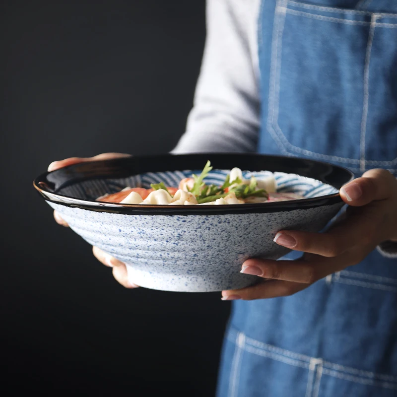 ANTOWALL-Large Size Noodle Bowl, Ceramic Soup Bowl, Japanese Sea Wave Shaped, Creative Household Retro Noodle Bowl, Beef Ramen