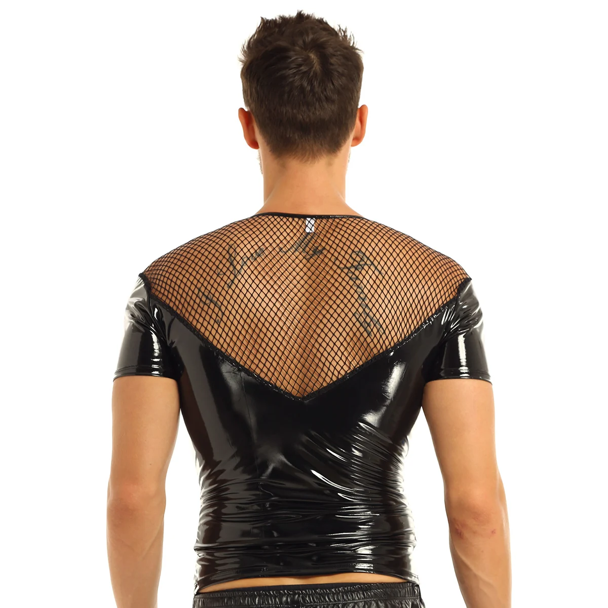 Mens Fishnet Splice Short Sleeve Shirt Tops Wetlook Gothic Punk Clubwear Patent Leather Clubwear Stage Night Costumes T-shirt