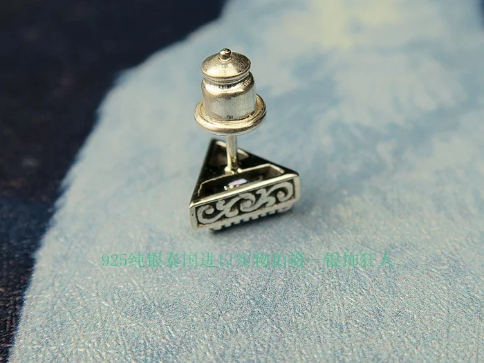 925 Silver Earrings genuine colorful blue triangle ms.man retro texture import Silver Earrings 1