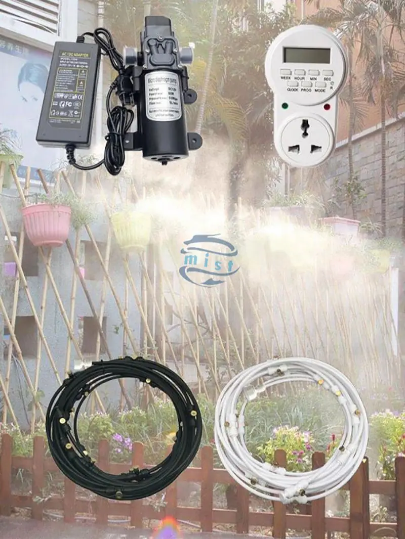 A04 Outdoor Misting Cooling System 12V  Water Pump Kit Fog Nozzle For Greenhouse Garden Patio 8M-18M Timer Smart Irrigation Kits