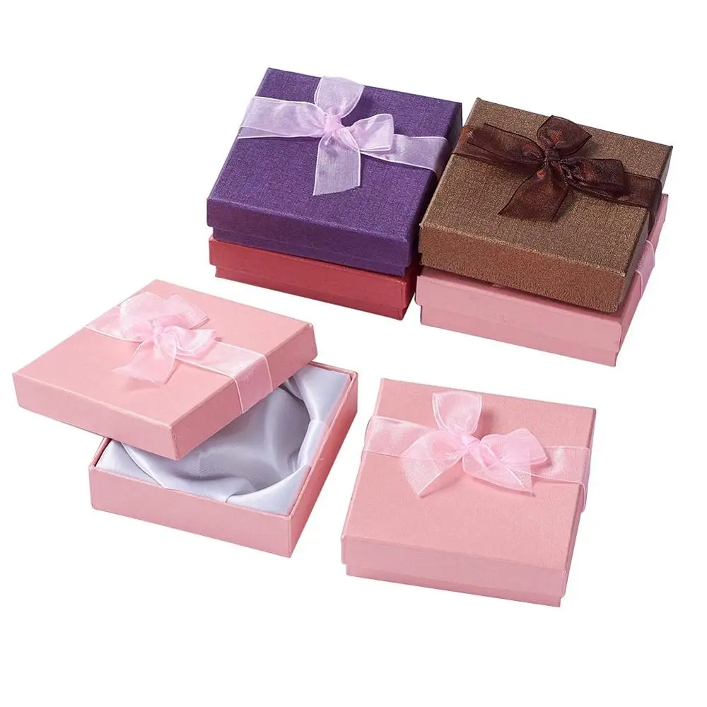 6Pcs Valentines Day Gifts Boxes Square Bowknot Organza Ribbon Cardboard Bracelet Bangle Jewelry Packaging Boxes Case 9x9x2.7cm