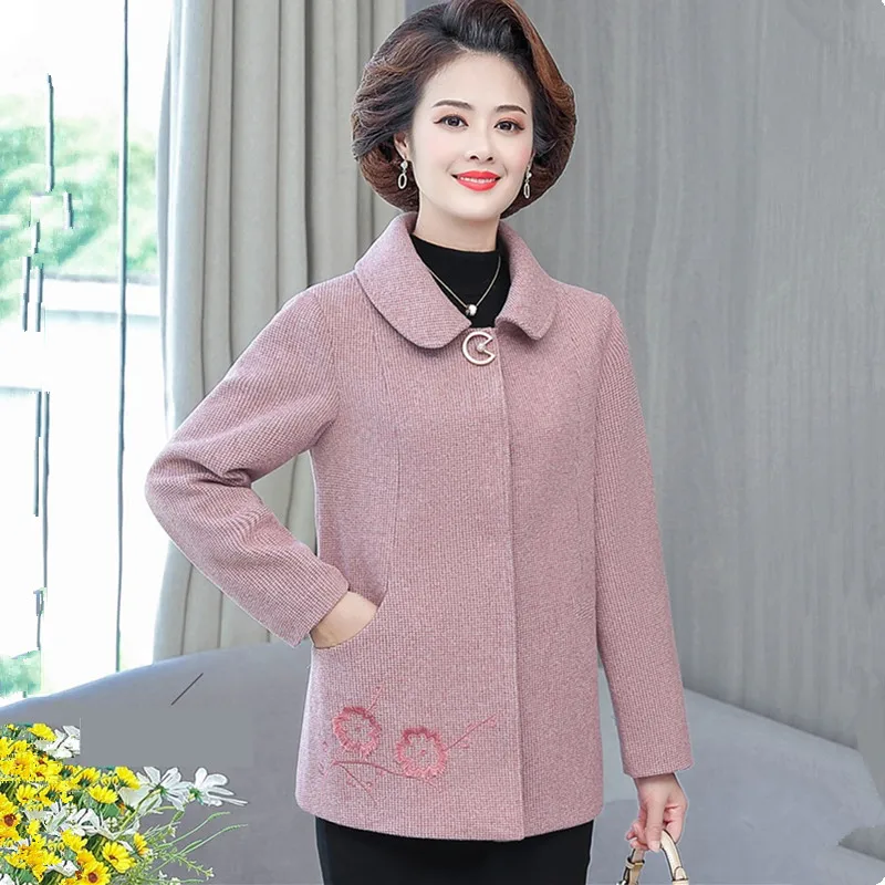 UHYTGF 2022 Quality Spring Autumn Woolen Jacket Women Solid Wild Casual Mother Outerwear Elegant Female 5XL Loose Size Tops 2223