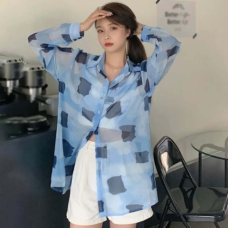 Spring Summer Female Square Pattern Shirt Full Sleeve Women Loose Thin Shirt Ladies Loose Tops