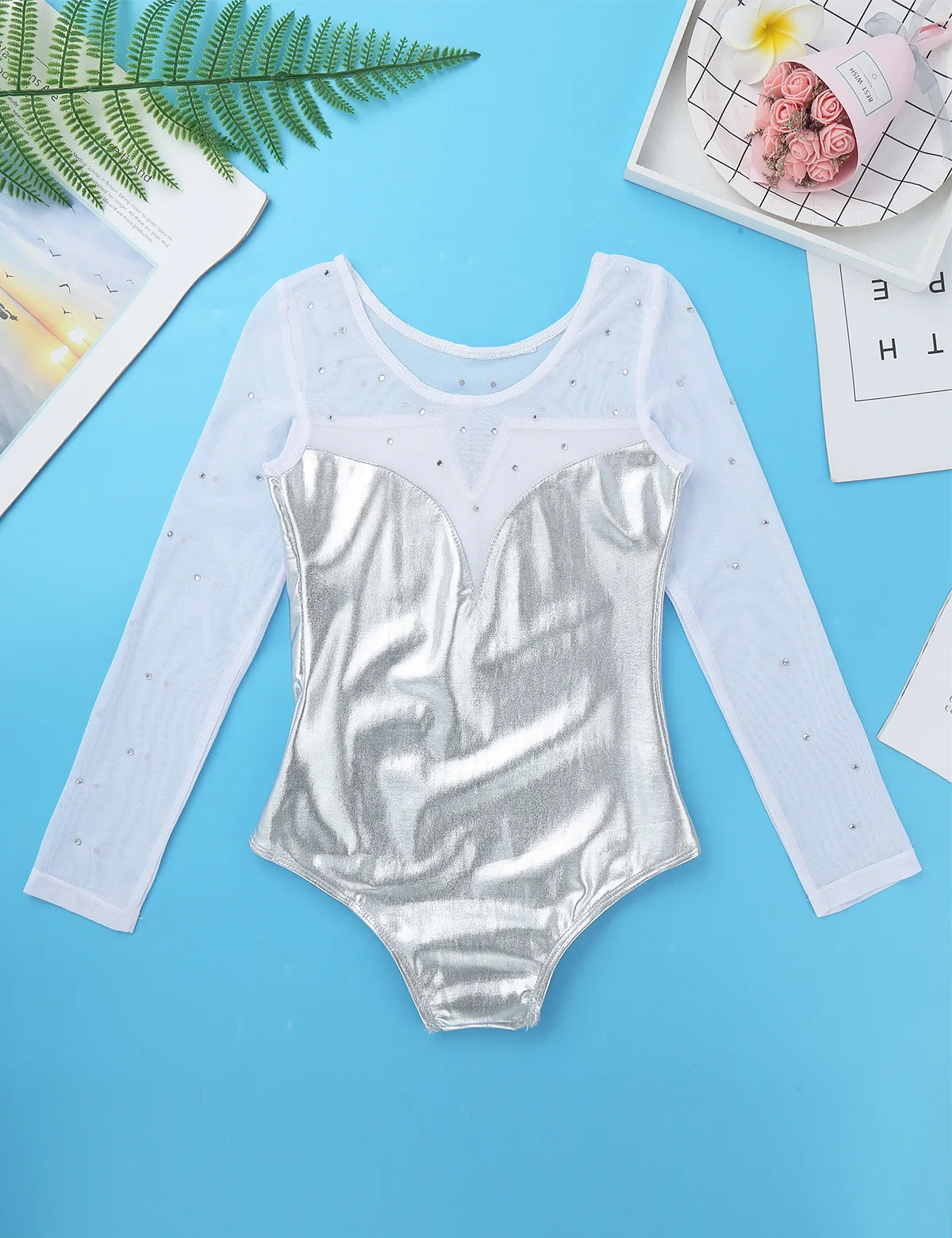 Kids Girls Sparkly Rhinestone Metallic Long Sleeve Mesh Ballet Dance Gymnastics Leotard Bodysuit Jumpsuit Modern Dancewer