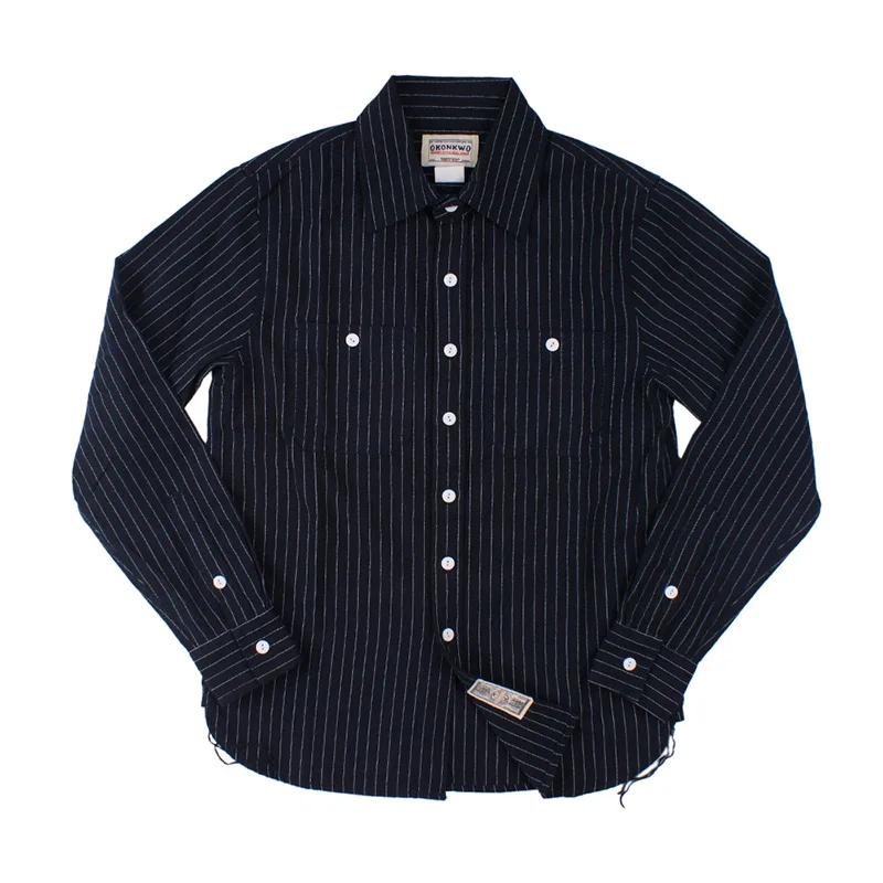 Vintage Striped Wrok Shirts For Men Fall Casual Railroad Retro Long Sleeve Western Worker Shirt Slim Fit