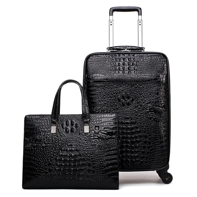 GraspDream New Men Crocodile head layer cowhide luggage sets cabin travel bags on wheels business trolley suitcase with handbag