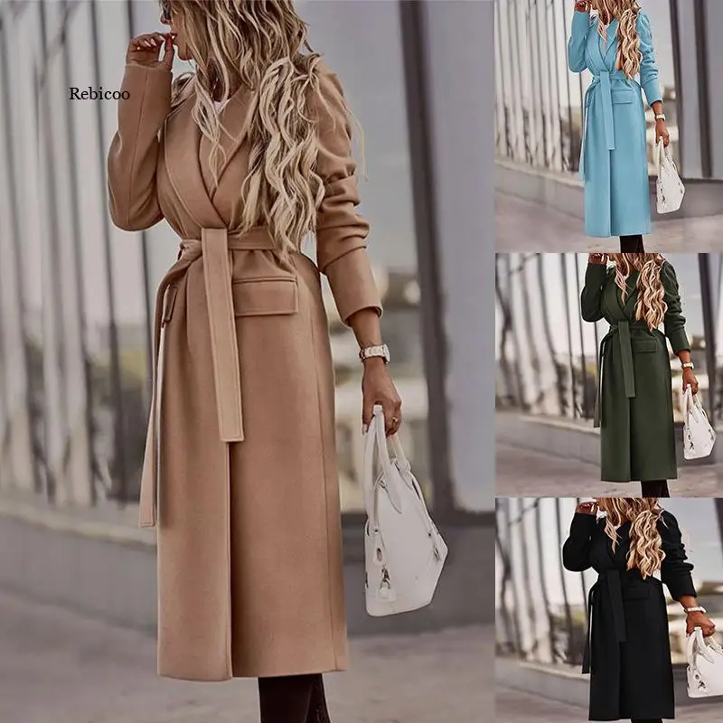 

Women New Autumn Winter Lapel Long Sleeve Outerwear Solid Color Belt Coat Jacket