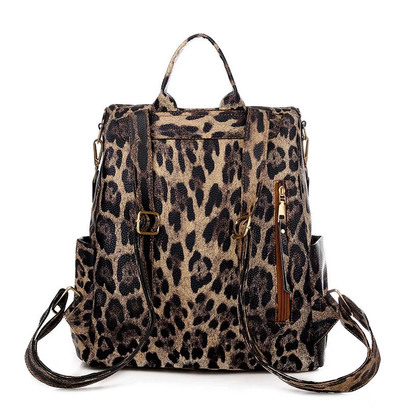 2021 New Fashion Women Backpacks High Quality Leopard Leather Female Ladies Bag Korean Student Backpack Preppy Style Bag Luxury