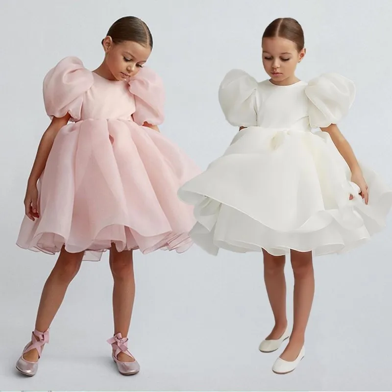 Girl Princess Vintage Dress Tulle Child Vestido Puff Sleeve Pink Wedding Party Birthday Tutu Dress Child Clothes 2-10Y