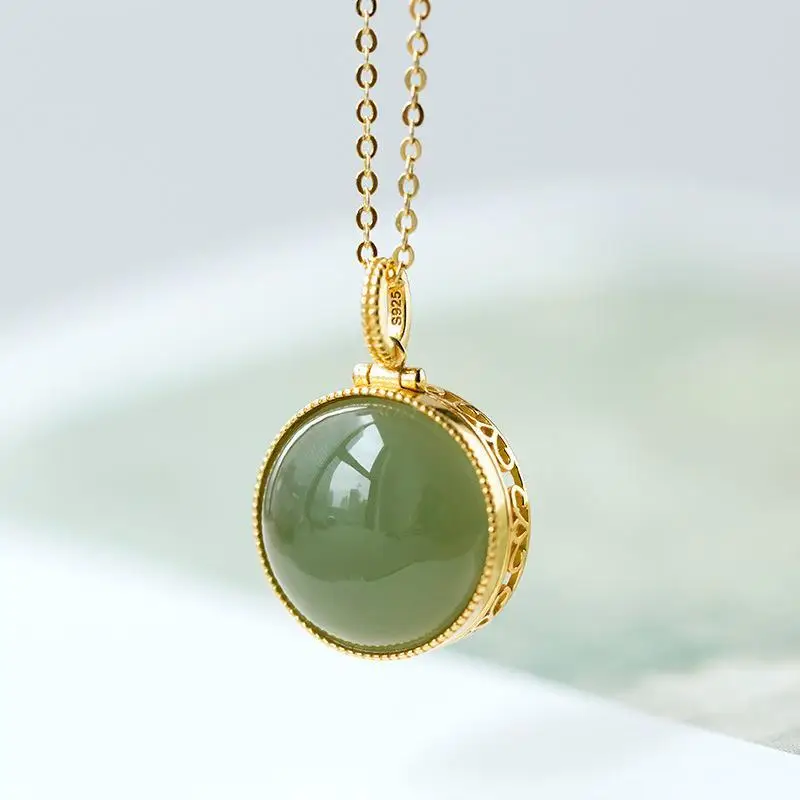 

Original design new natural Hetian jade round hollow openable necklace pendant temperament exquisite charm ladies jewelry