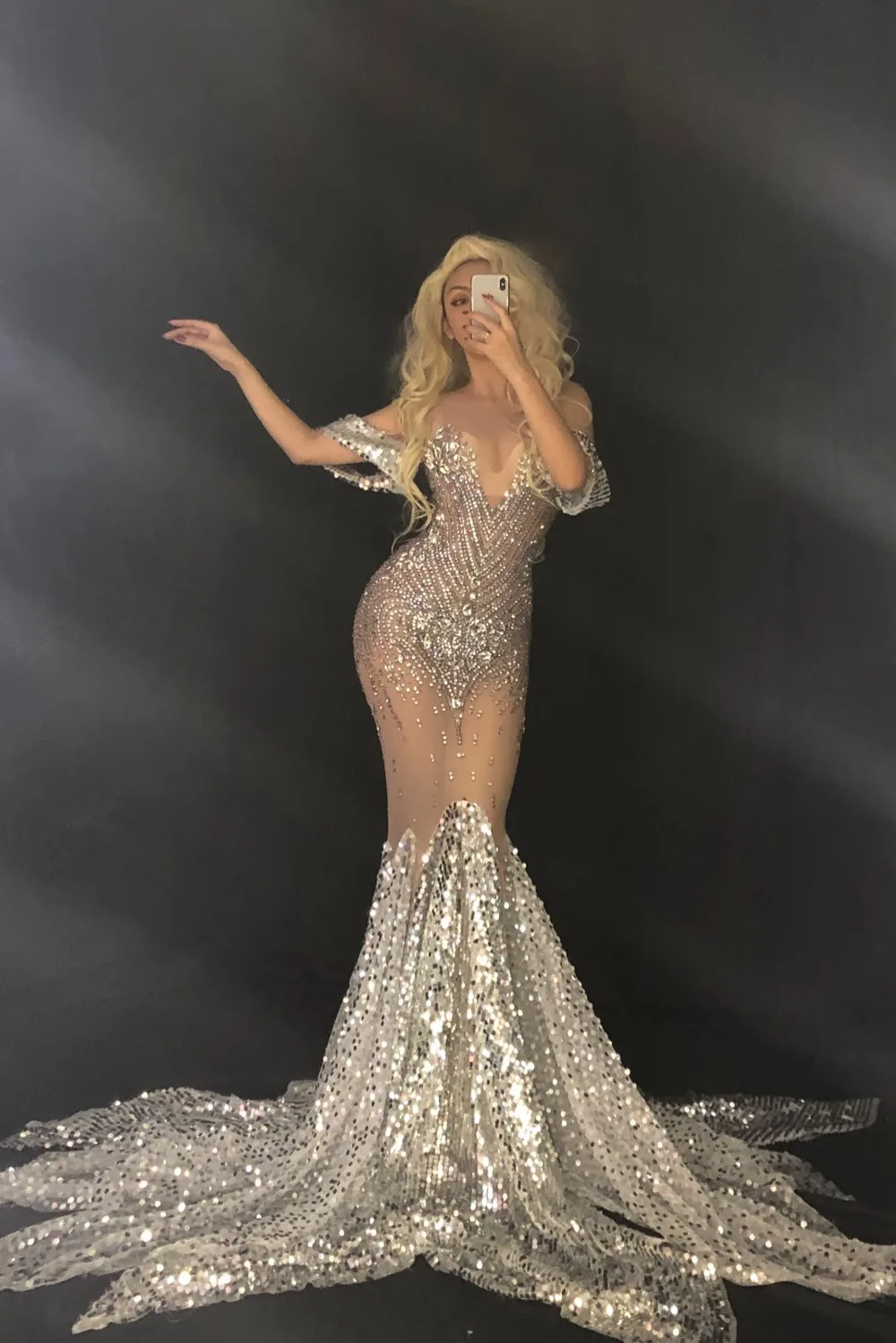 Robe Longue à Paillettes Transparentes pour Femme, Tenue de Soirée, Anniversaire, Costume de Scène en Strass