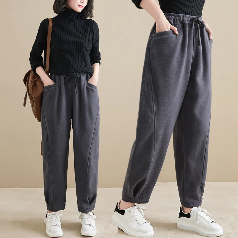 Winter New Trendy Warm Fleece Thick Oversize Loose Casual Trouser Women Solid Color Elastic Waist Versatile Premium Sweatpants