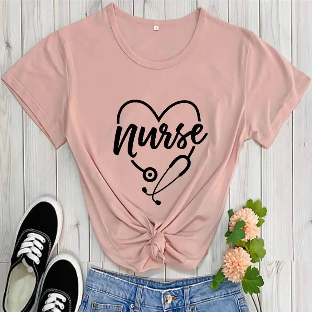 

Heart Stethoscope Printed 100%Cotton Women's T Shirt Nurse Life Summer Casual O-Neck Pullover Short Sleeve Tops Gift for Nurse