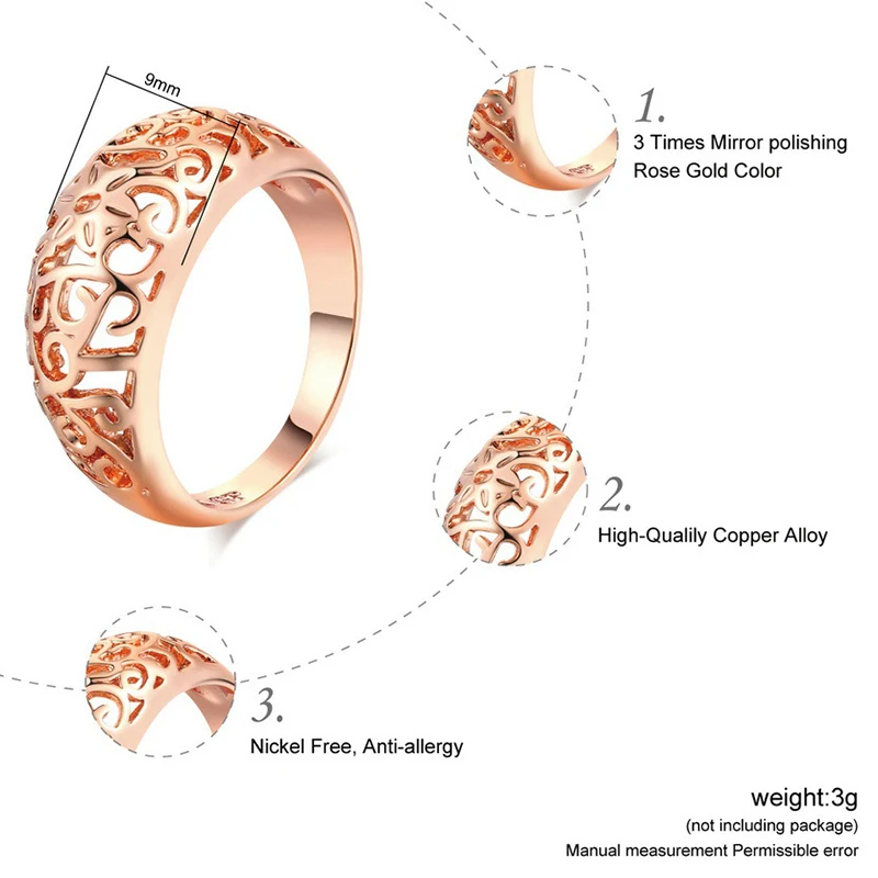 Women\'s Fashion Romantic Rose Gold Color Flower Hollowed Round Engagement Finger Ring Wedding Bands Vintage Jewelry Size 6 - 10