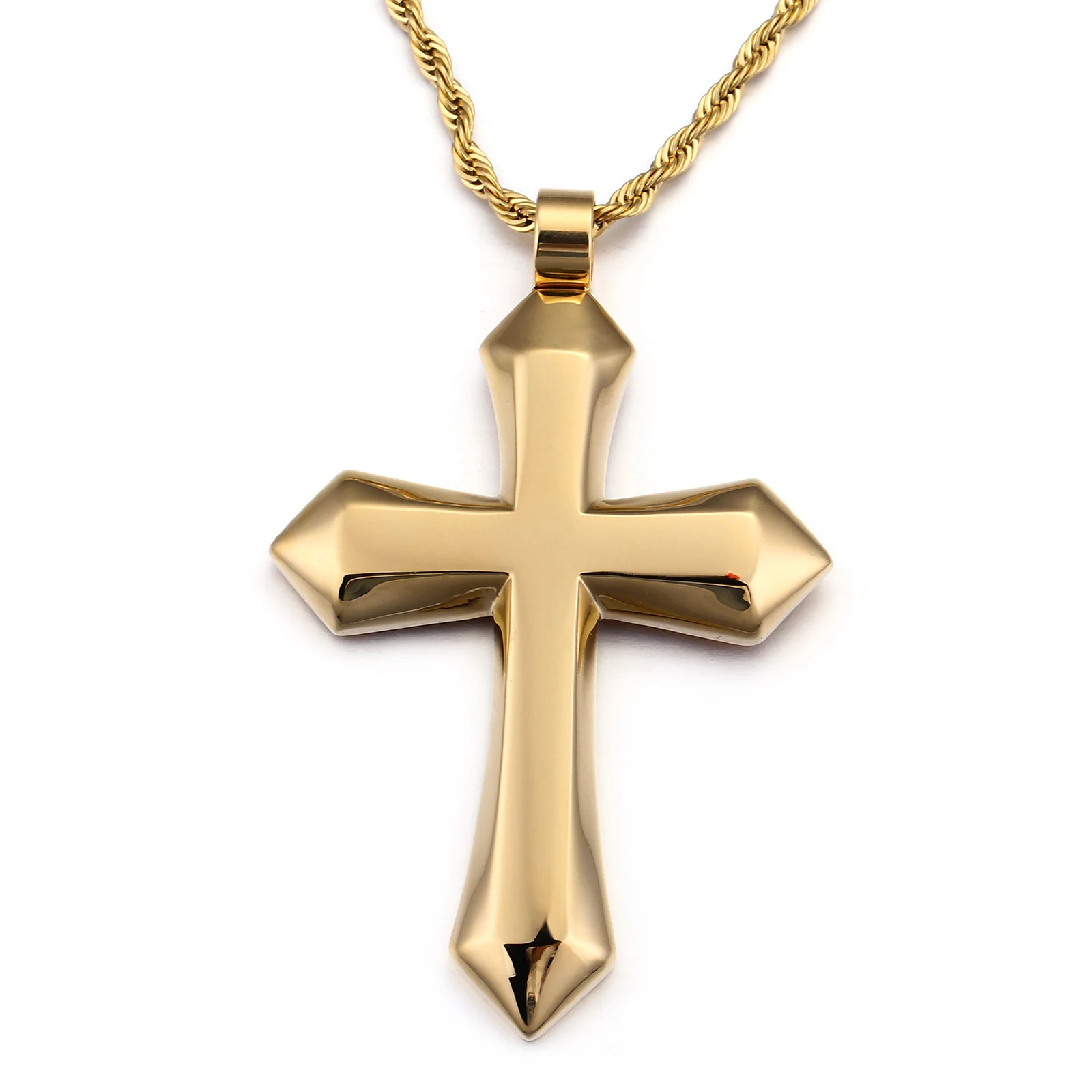 Kalen Heavy Big Shiny Golden Cross Pendant Men\'s Necklace Stainless Steel Punk Jewelry