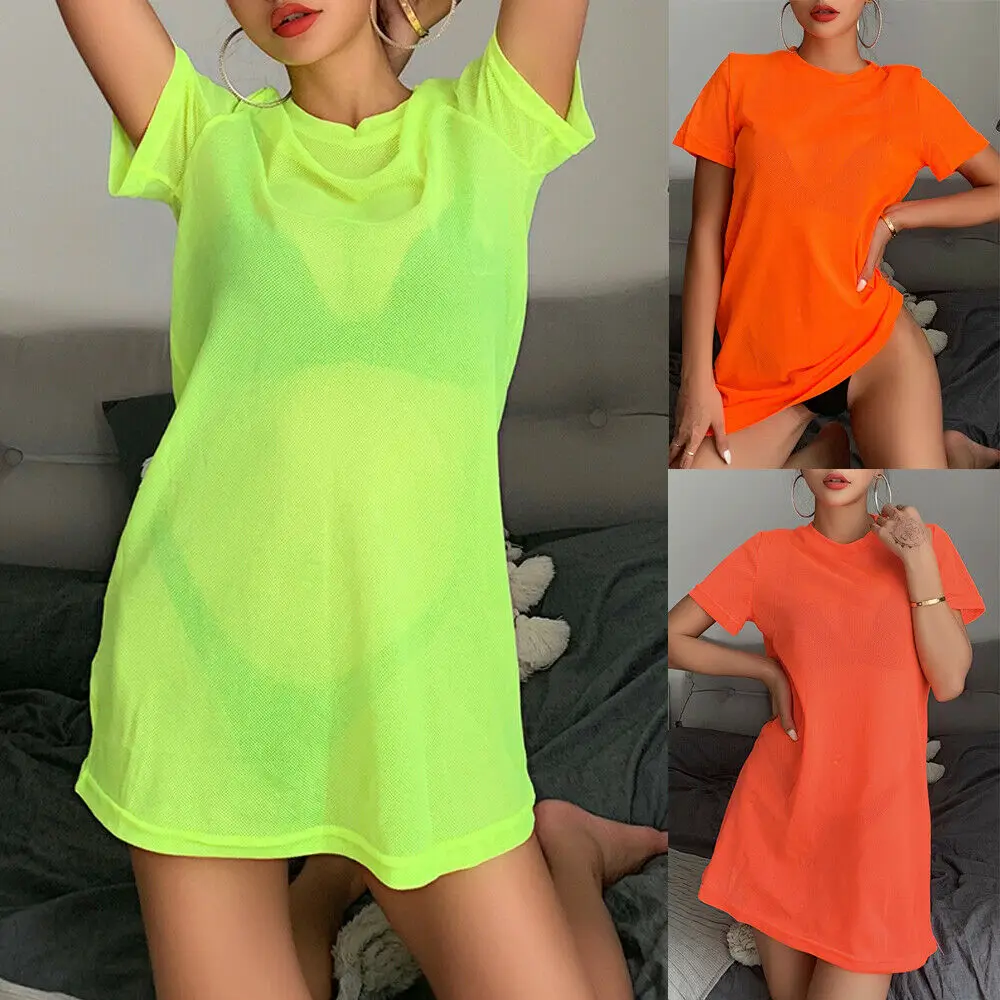 Women Short Sleeve Perspective T-Shirt Neon Green O Neck Vintage Mesh Short Sleeve Tee Shirt Long Tshirts Beachwear Coverup