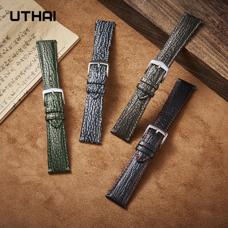 High-quality Leather Watchbands22mm 20mm 21mm 19mm 18mm New Design Shark Pattern strap With Quick Release Spring bar UTHAI F19