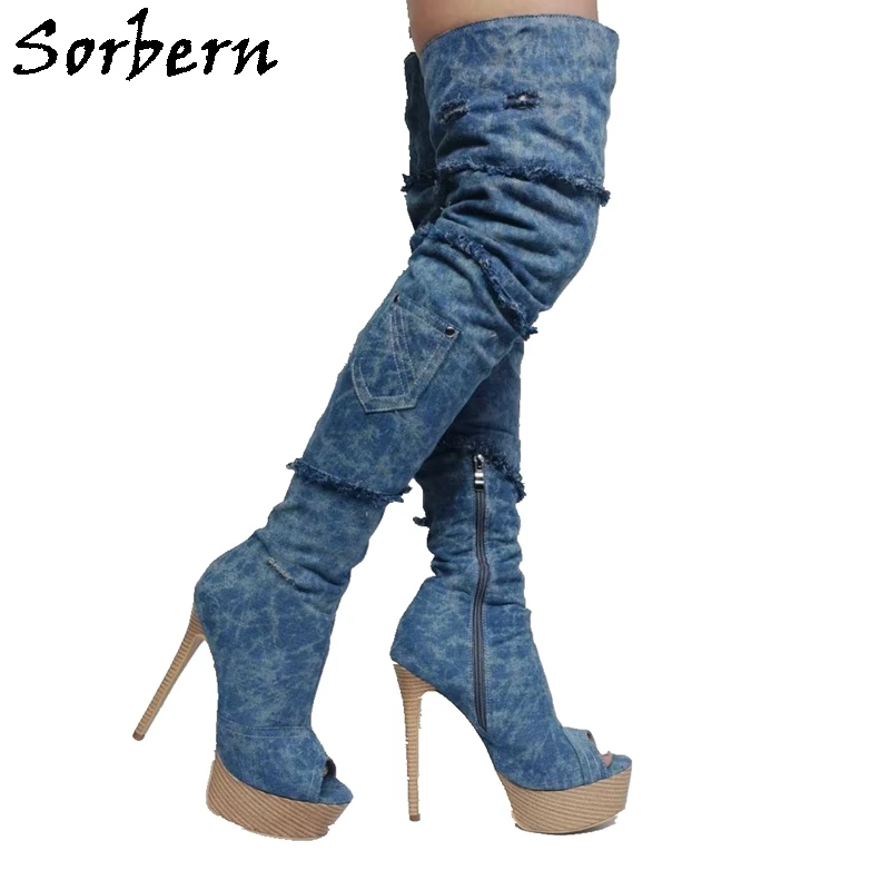 

Sorbern Sexy Over The Knee Boots Ladies Demin Open Toe Ladies Shoes High Heel Stilettos Super Long Boot Customized Wide Fit Legs