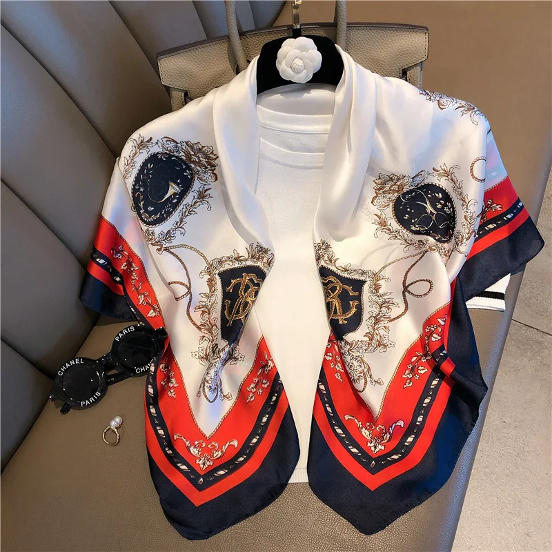Ladies Luxury Floral Printed Elegant Large Shawl Wrap Hijab Women Echarpe Bandana Neckerchief Square Imitated Silk Scarf 90x90