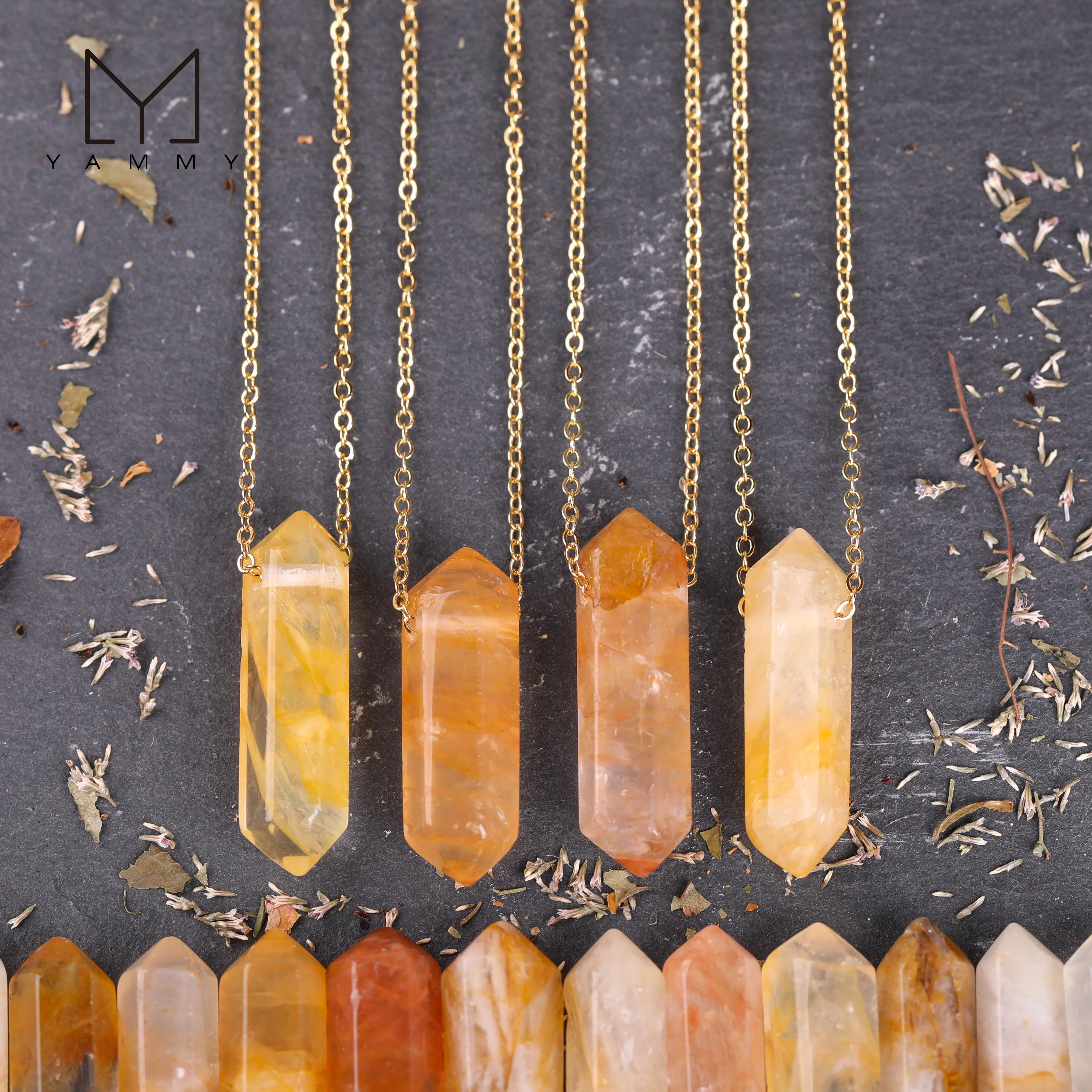 Yammy Natural Citrines Quartz Double Point Beads Pendant Gold Chains Fashion Women Crystal Necklace Jewelry